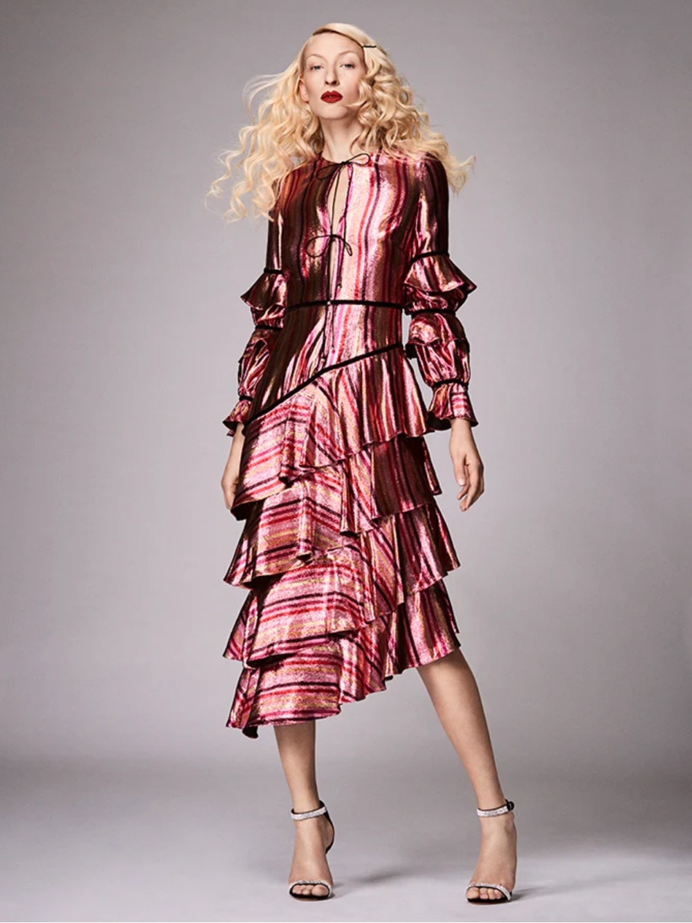🦋 Markarian NYC Taurus Metallic Striped Asymmetrical Ruffled Tiered Dress